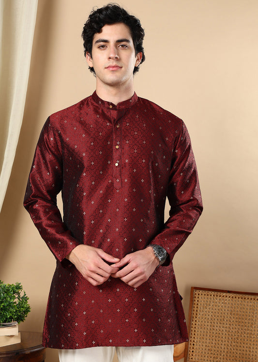 Tattva Maroon Toned Woven Design Short Kurta