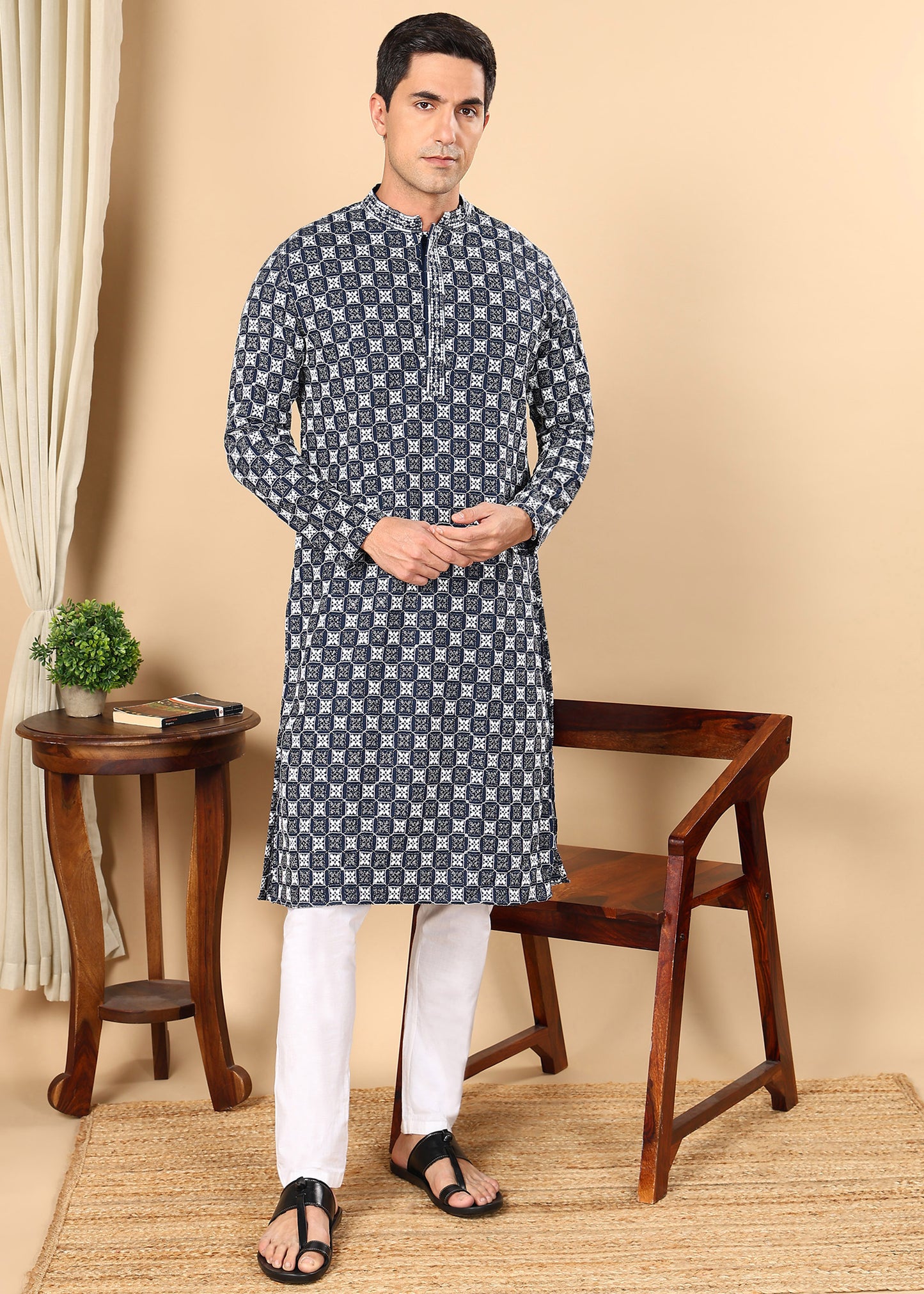 Tattva Men Woven Design Polyester Straight Kurta Set