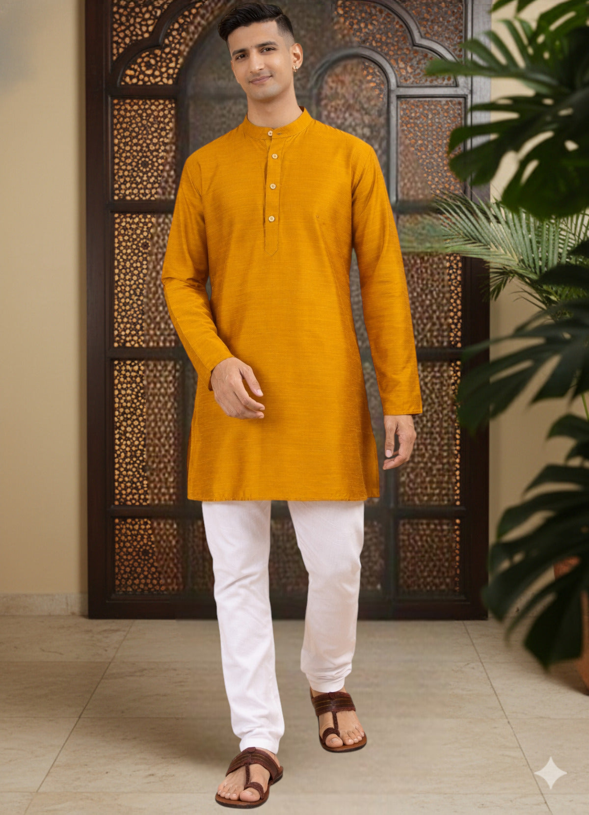 Tattva Men Solid Pure Cotton Short Kurta with Mandarin Collar