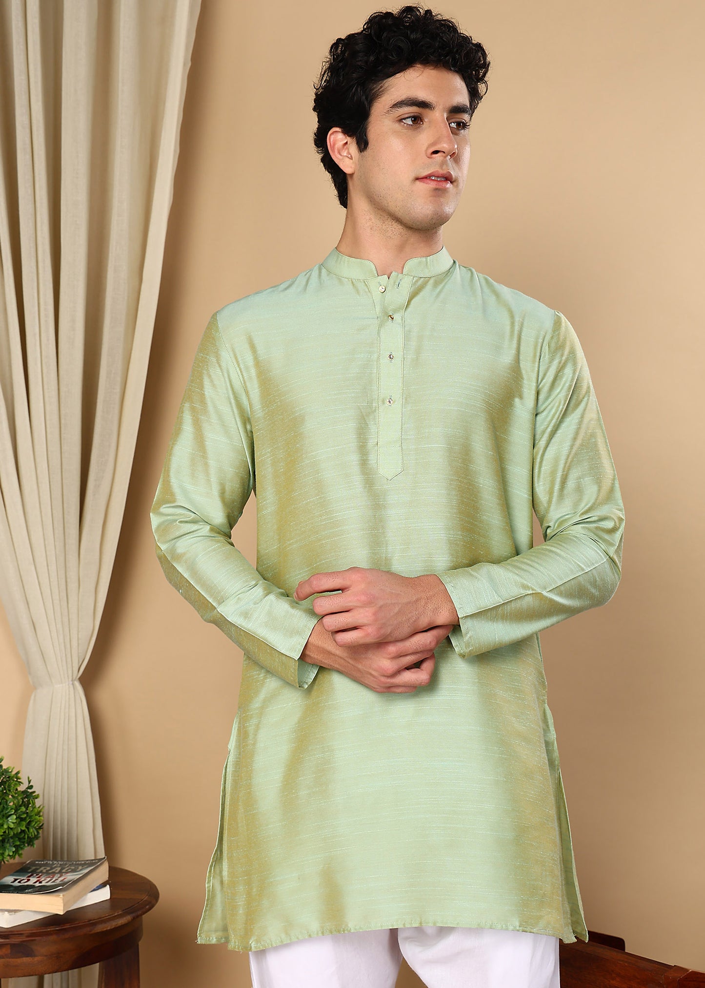 Tattva Olive Toned Solid Short Straight Kurta