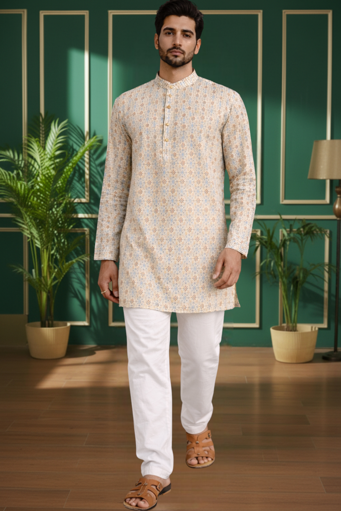 Tattva Men Striped Mandarin Collar Cotton Straight Short Kurta
