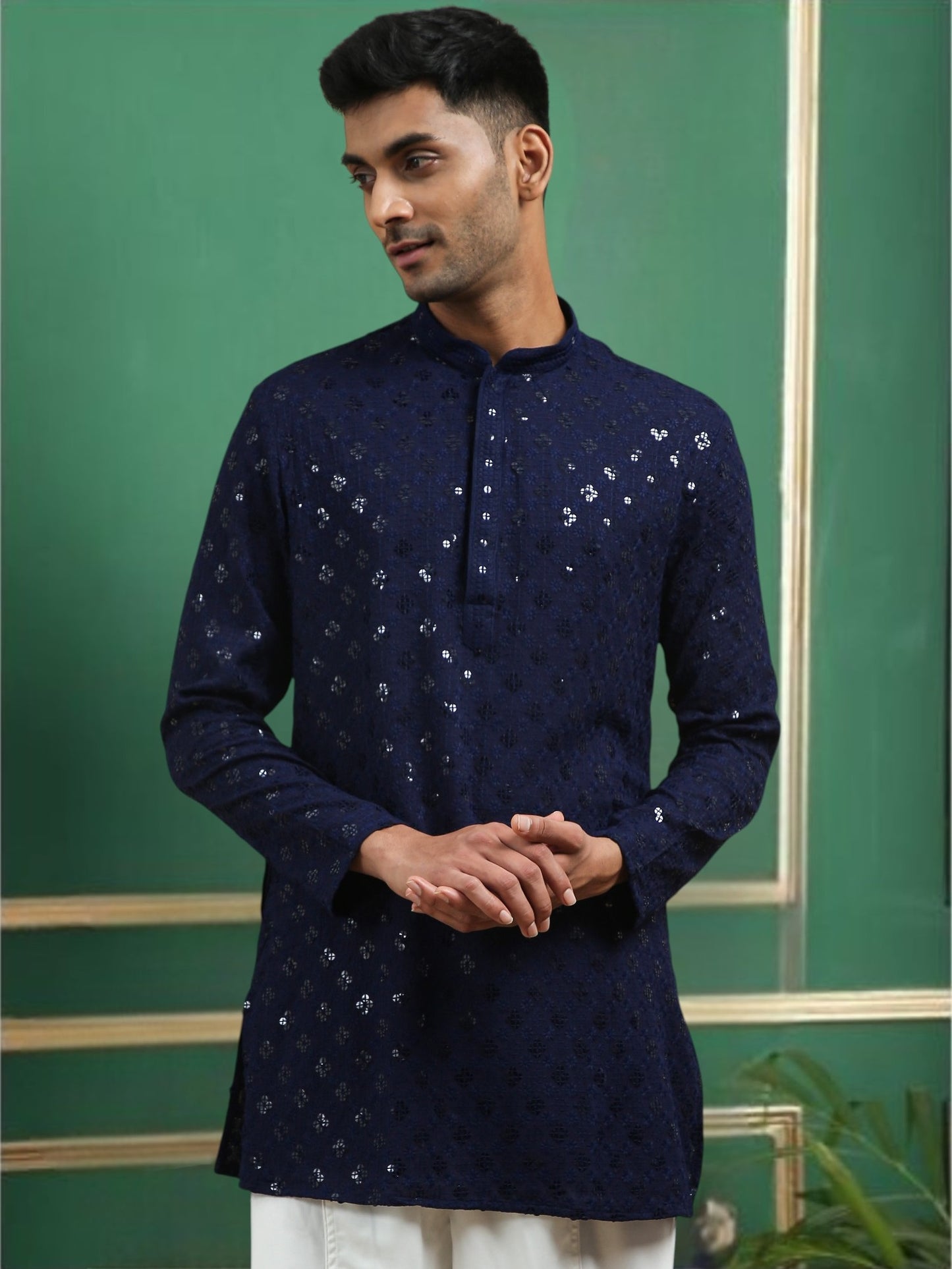 Tattva Navy Blue Toned chikankari Cotton Short Kurta