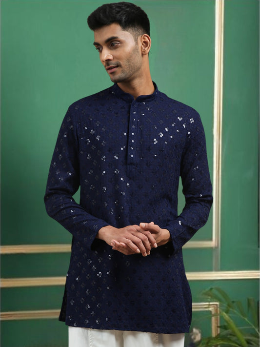 Tattva Navy Blue Toned chikankari Cotton Short Kurta