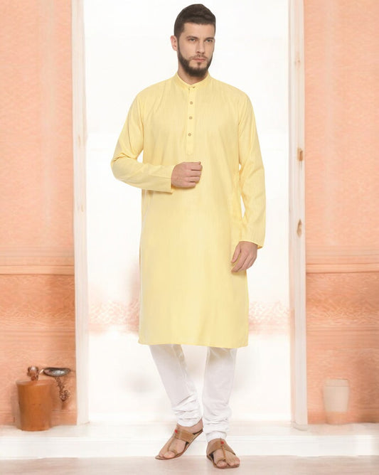 Yellow Cotton Long Kurta With Pajamas