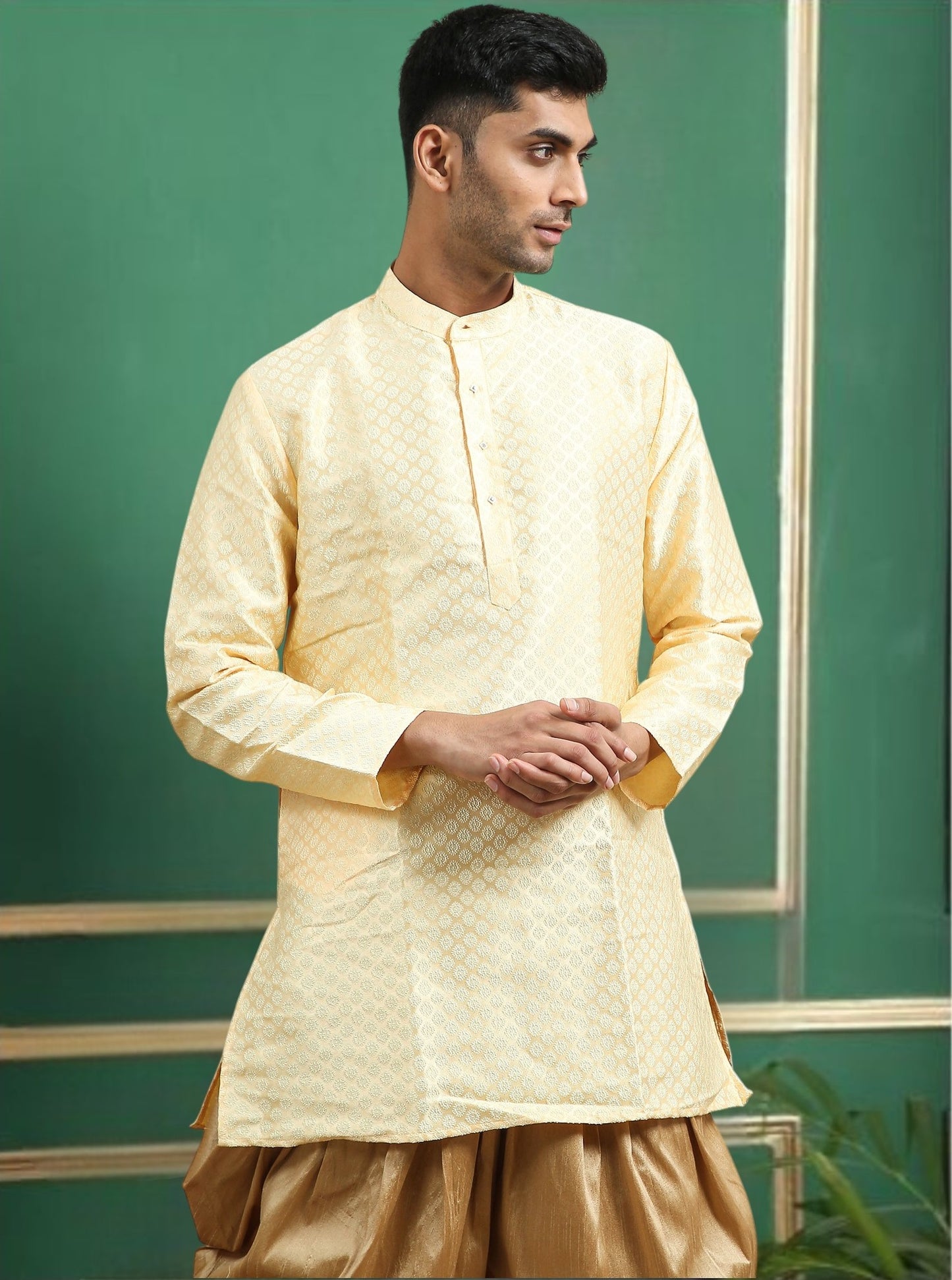 Tattva Beige Toned Woven Design Polyster Short Kurta
