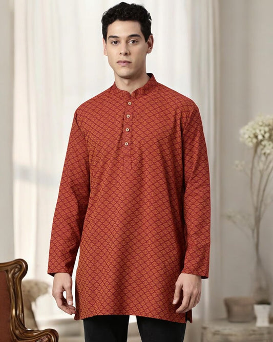 Tattva Men Maroon Geometric Print Cotton Blend Straight Kurta