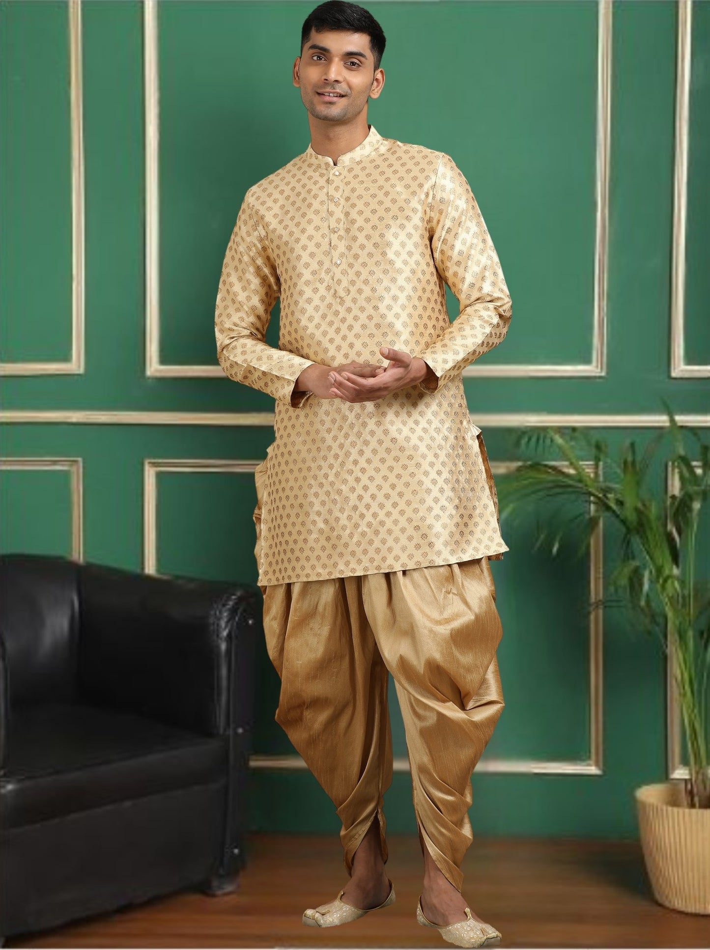 Tattva Beige Toned Jacquard Short Kurta