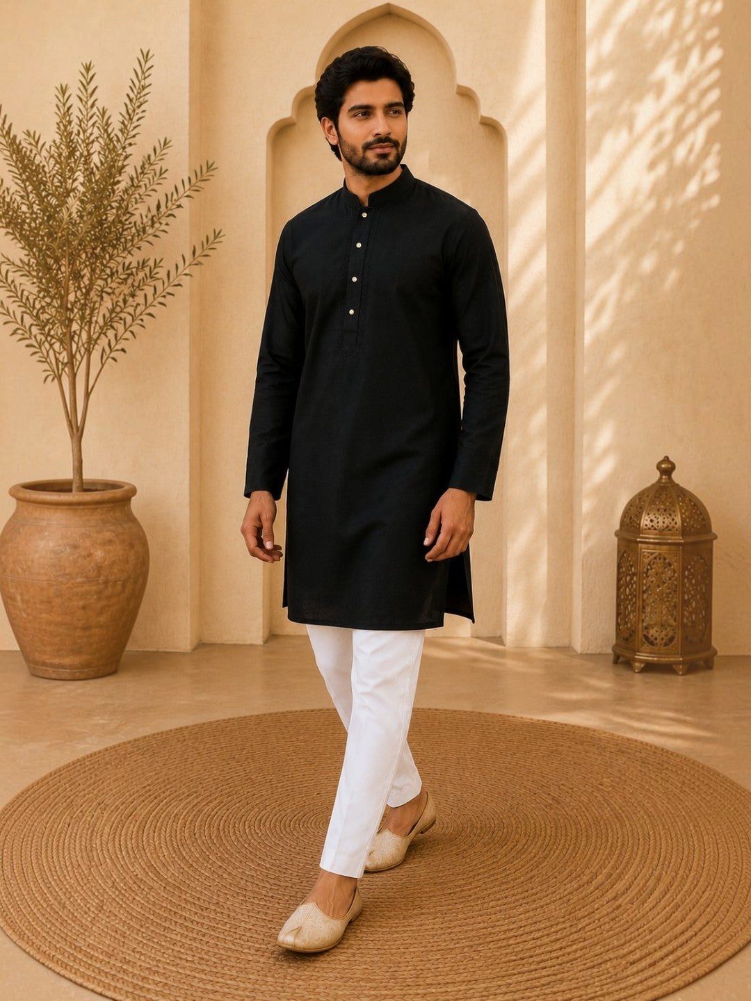 Tattva Black Toned Embroidered Cotton Short Kurta