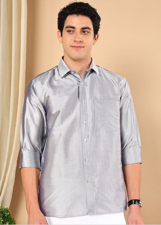 Tattva Men Silver Grey Pure Silk Solid Opaque Shirt