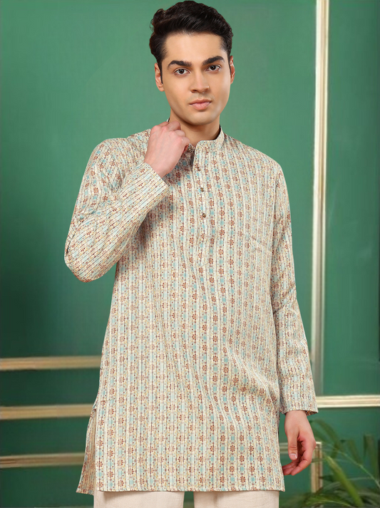 Tattva Men Floral and Striped Short Kurta