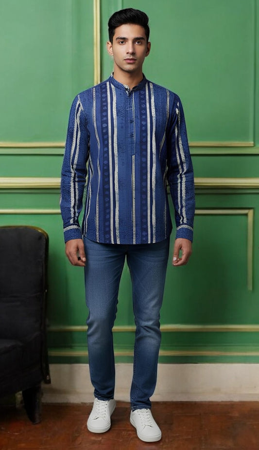 Tattva Men Blue Stripes Printed Super Short Kurta