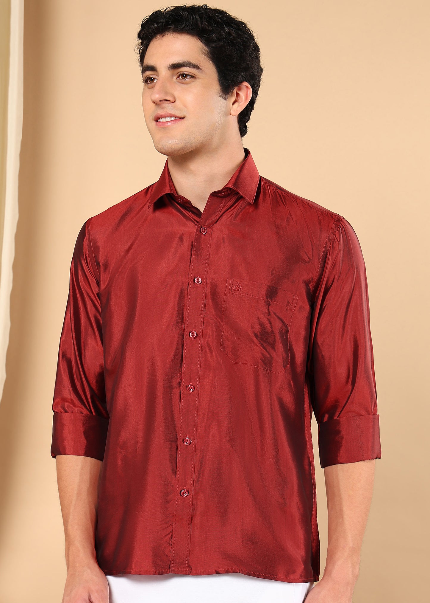 Tattva Men Maroon Pure Silk Solid Opaque Shirt