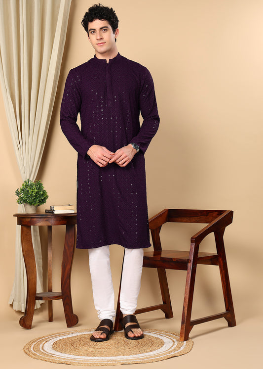 Tattva Floral Embroidered Sequined Mandarin Collar Straight Kurta