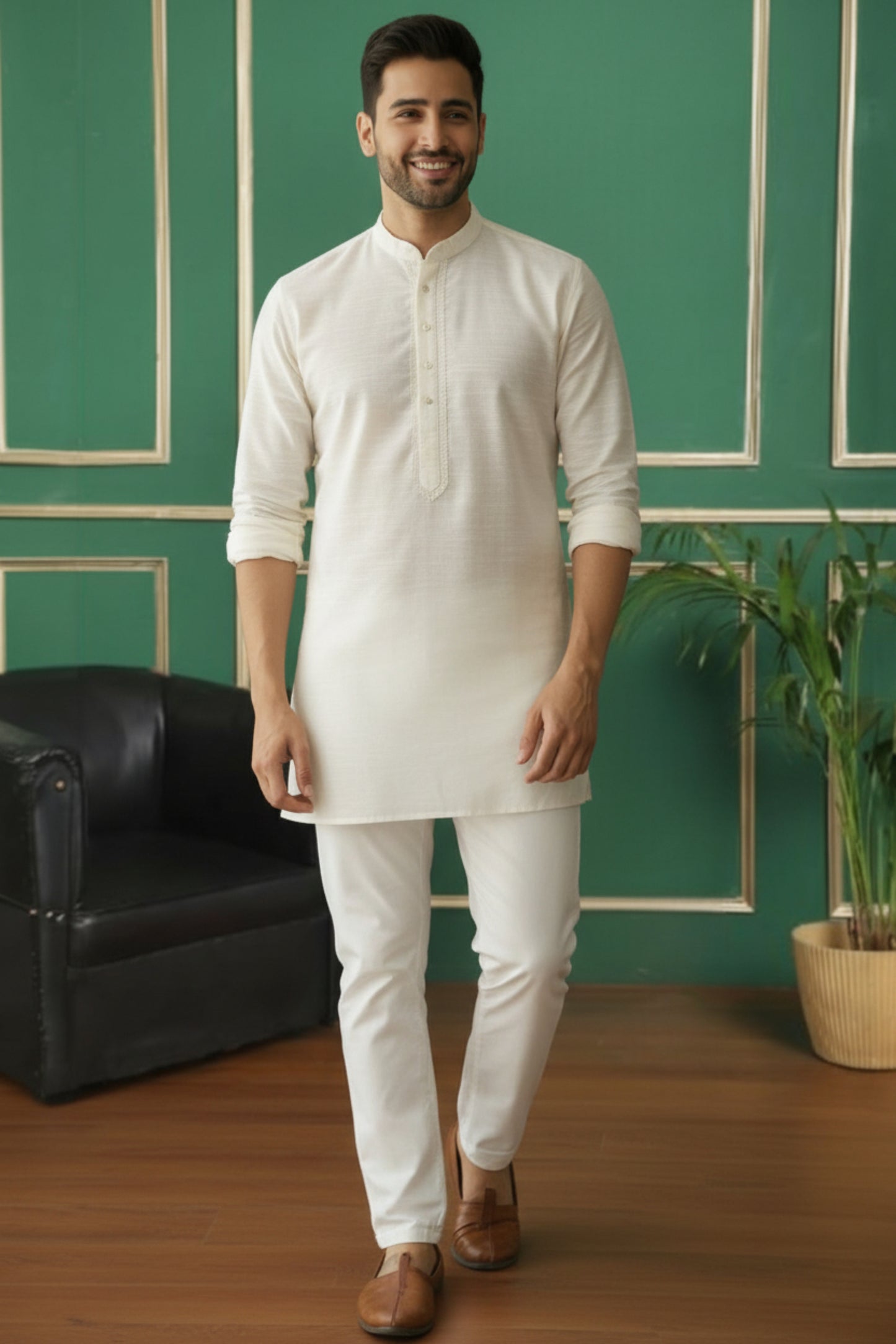 Tattva Men Embroidered Solid Short Kurta