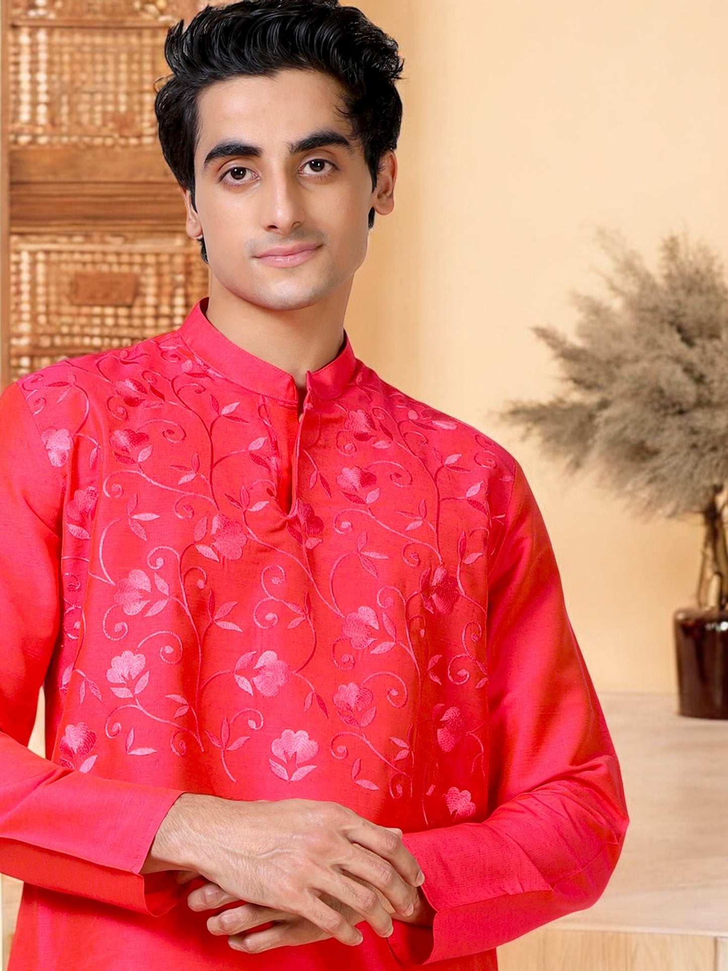 Tattva Men Embroidered Cotton Blend Asymmetric Kurta