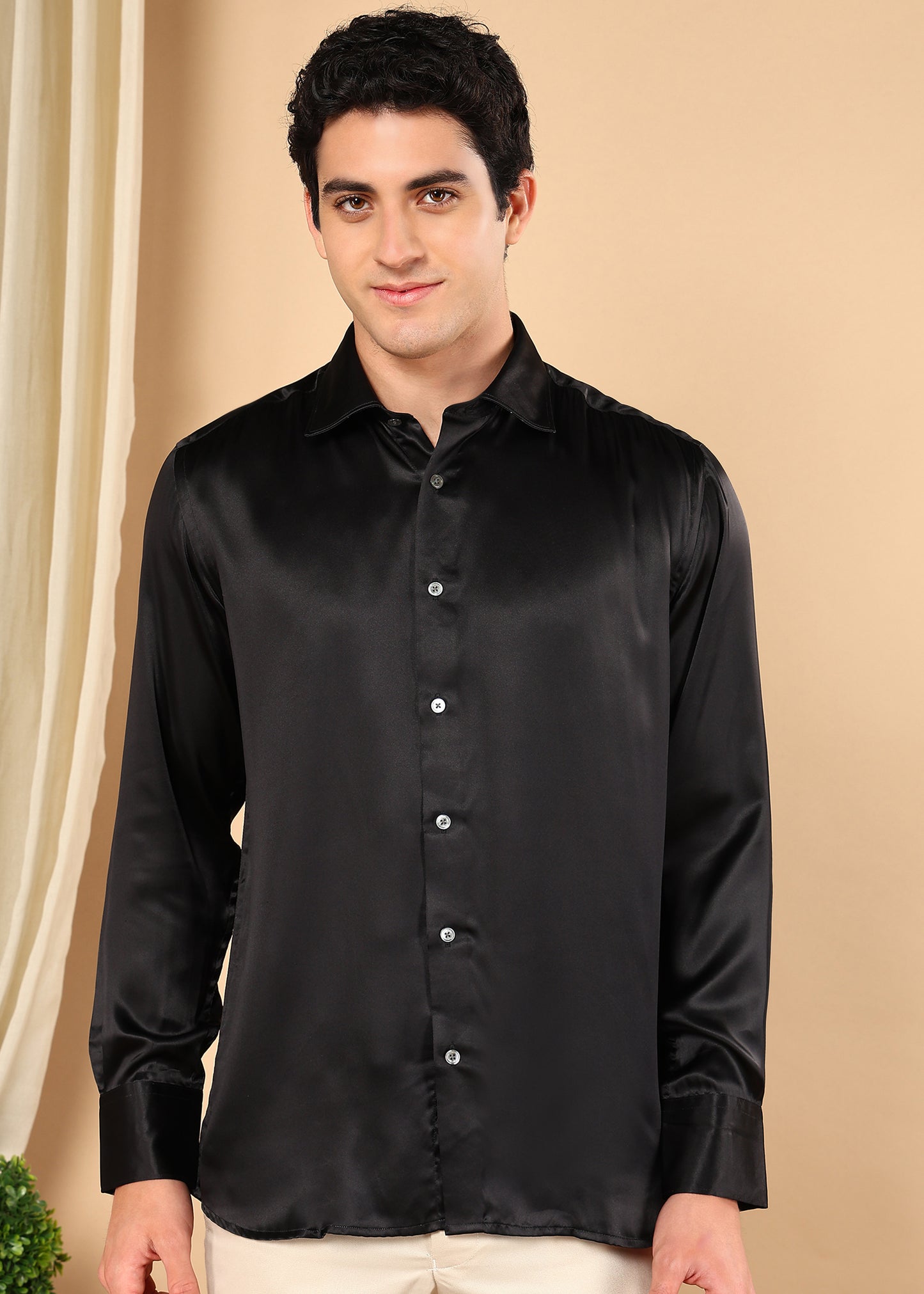 Tattva Men Black Pure Silk Solid Opaque Shirt