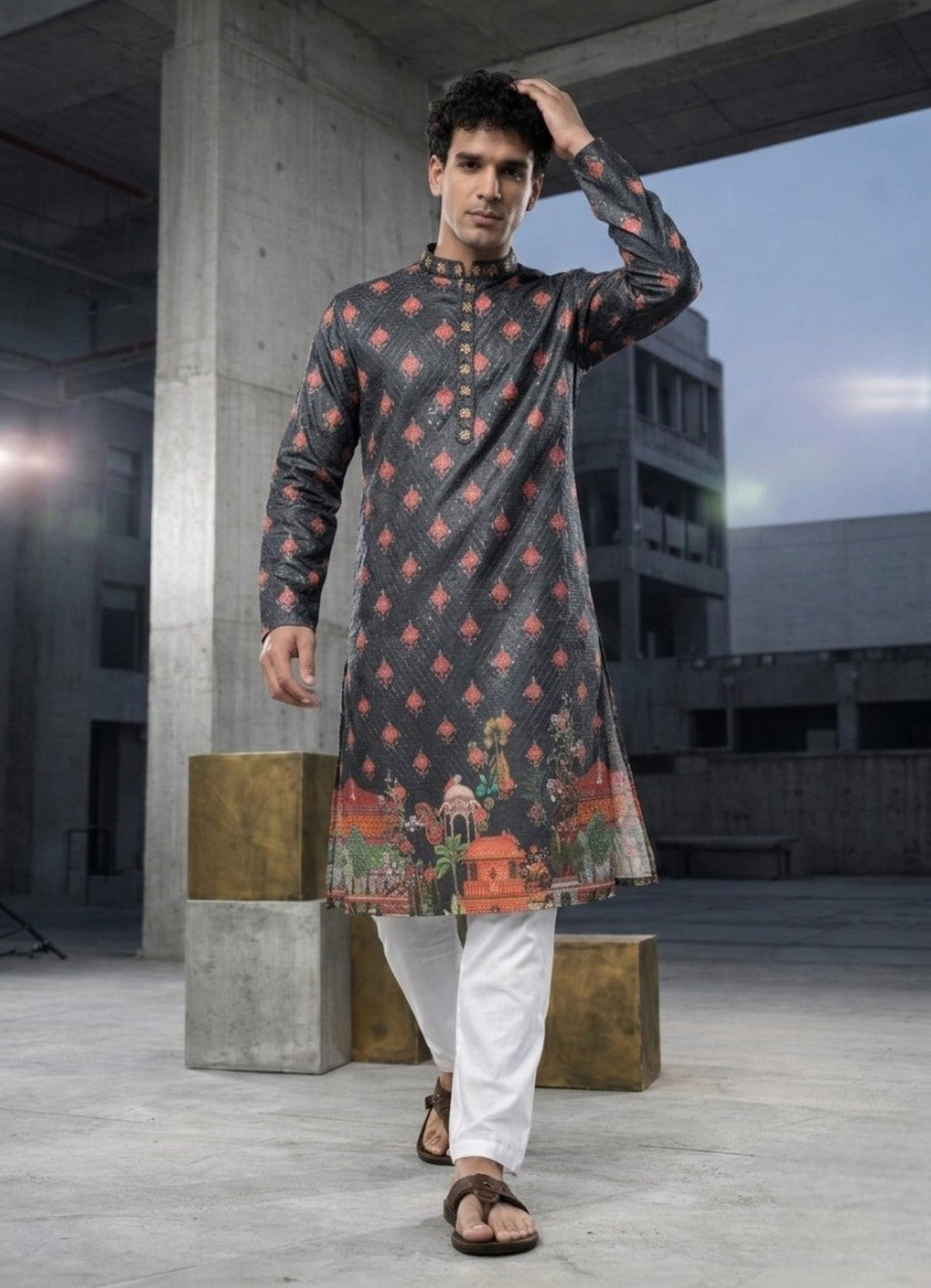 Tattva Woven Diamond Motif Brown Festive Kurta Set