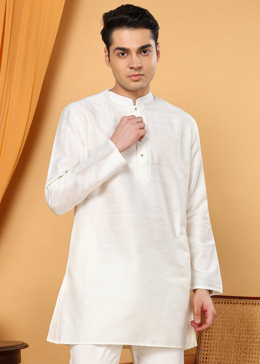 Tattva Men White Colored Embroidered Short Kurta