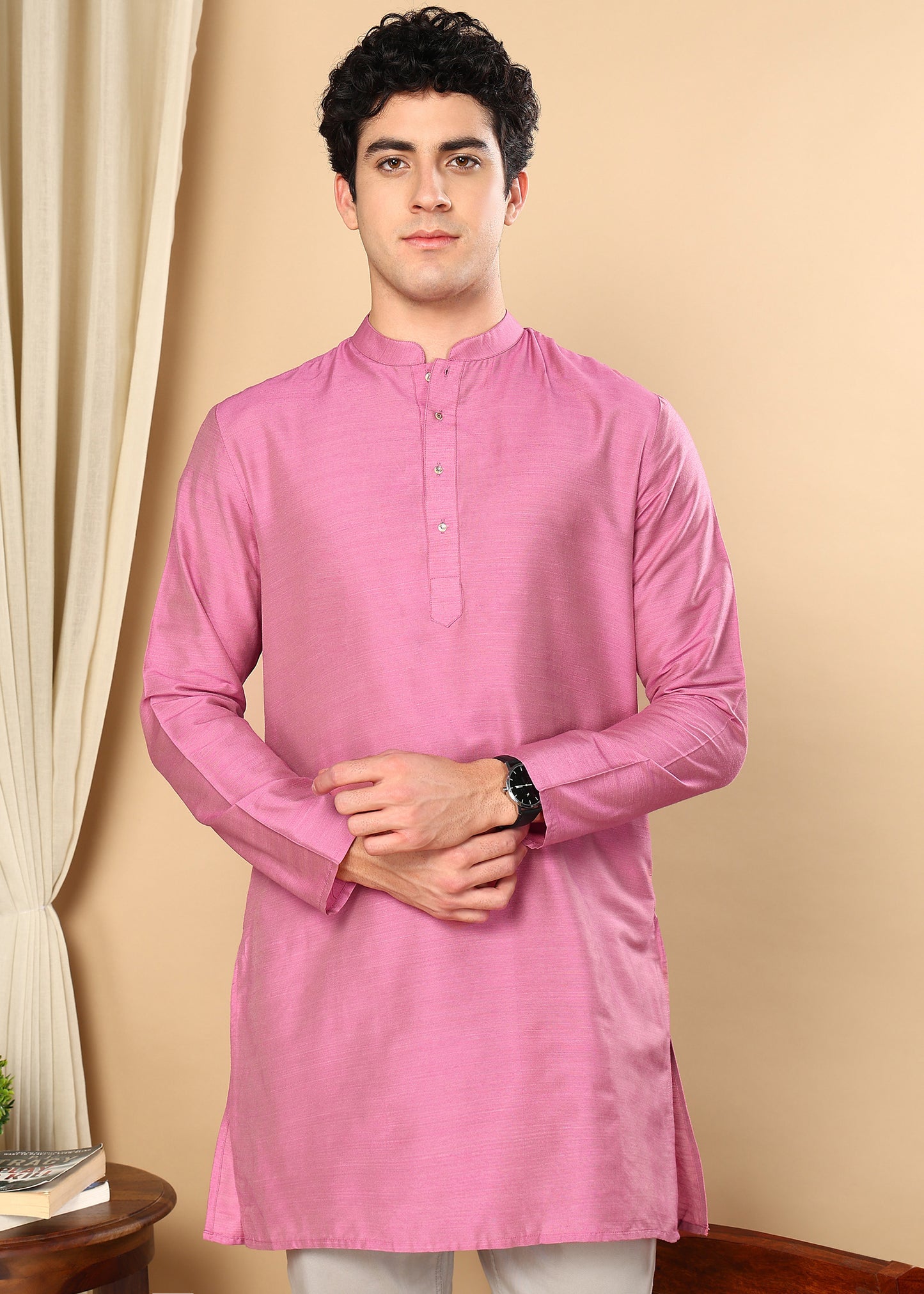 Tattva Pink Solid Short Straight Kurta