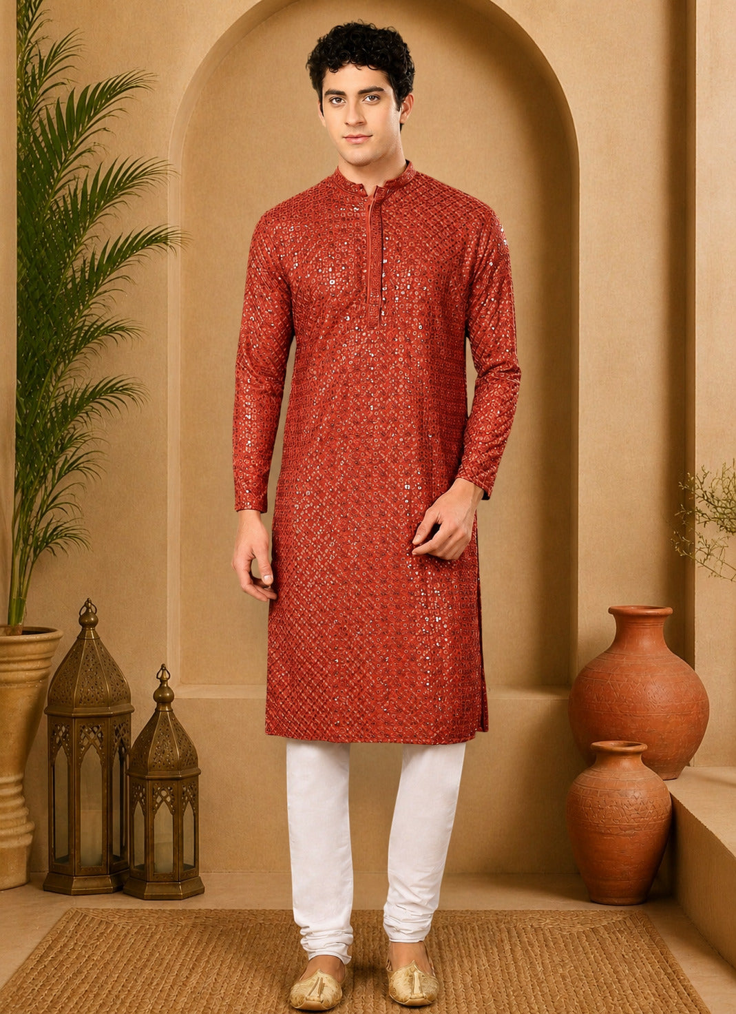 Tattva Candy Red Toned Sequined Thread Work Long Kurta With Pyjama