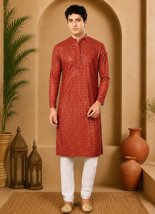 Tattva Candy Red Toned Sequined Thread Work Long Kurta With Pyjama