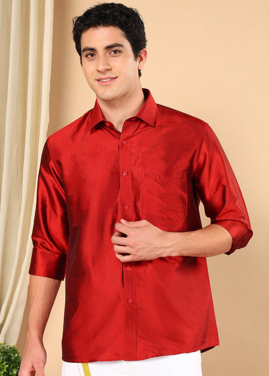 Tattva Men Cherry Red Pure Silk Solid Opaque Shirt