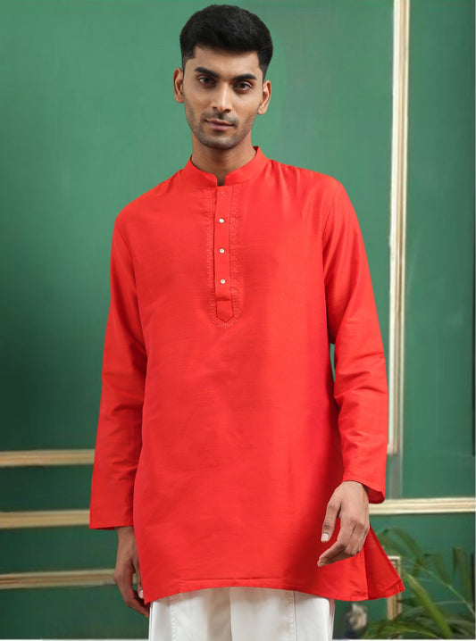 Tattva Red Toned Embroidered Cotton Short Kurta