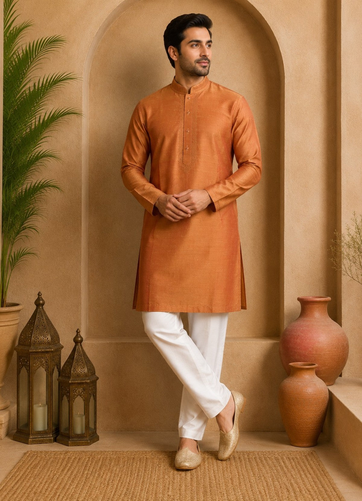 Tattva orange Mandarin Collar Thread Work Pure Silk Straight Short Kurta
