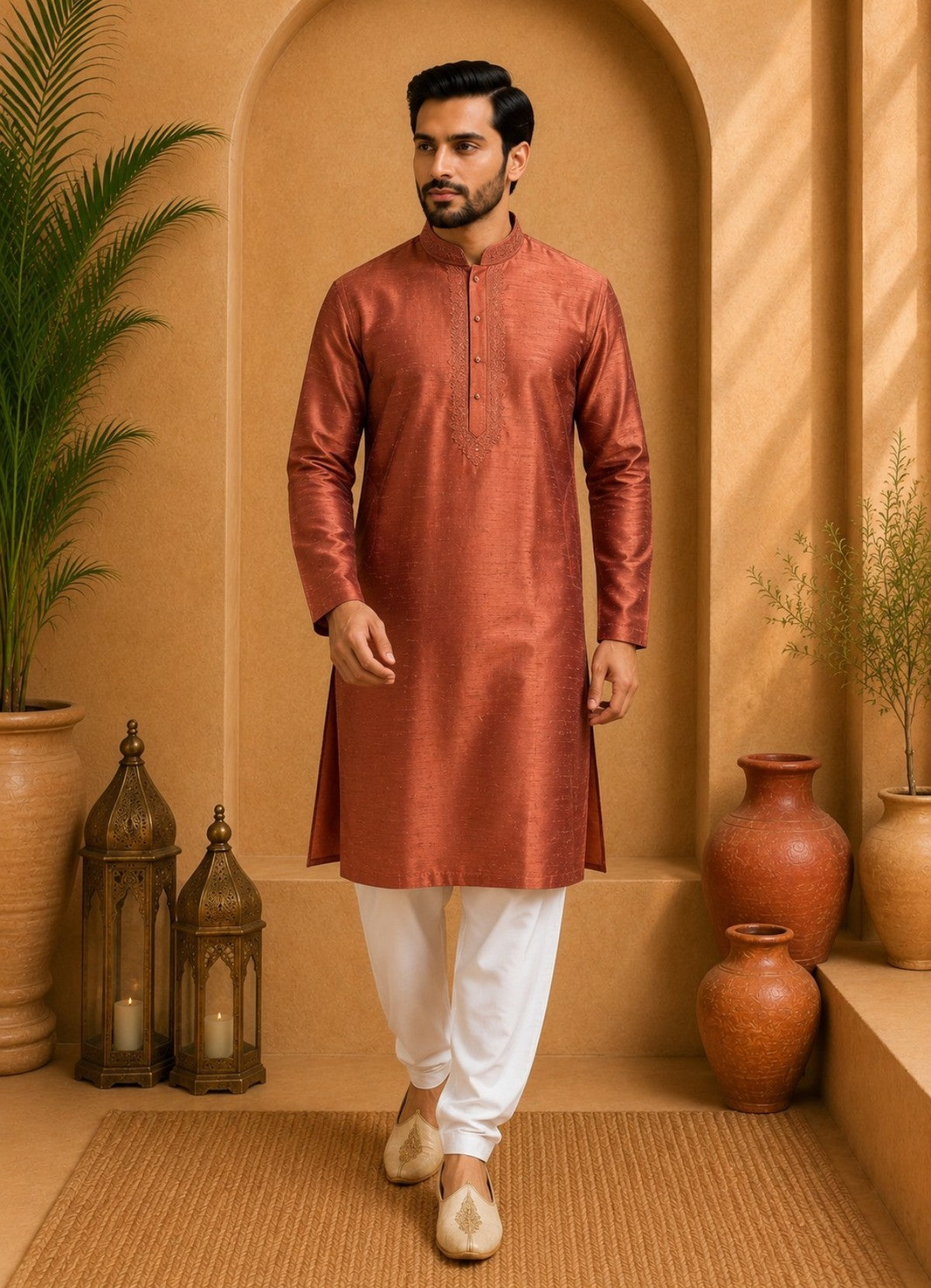 Tattva Men Thread Work Mandarin Collar Silk Straight Kurta