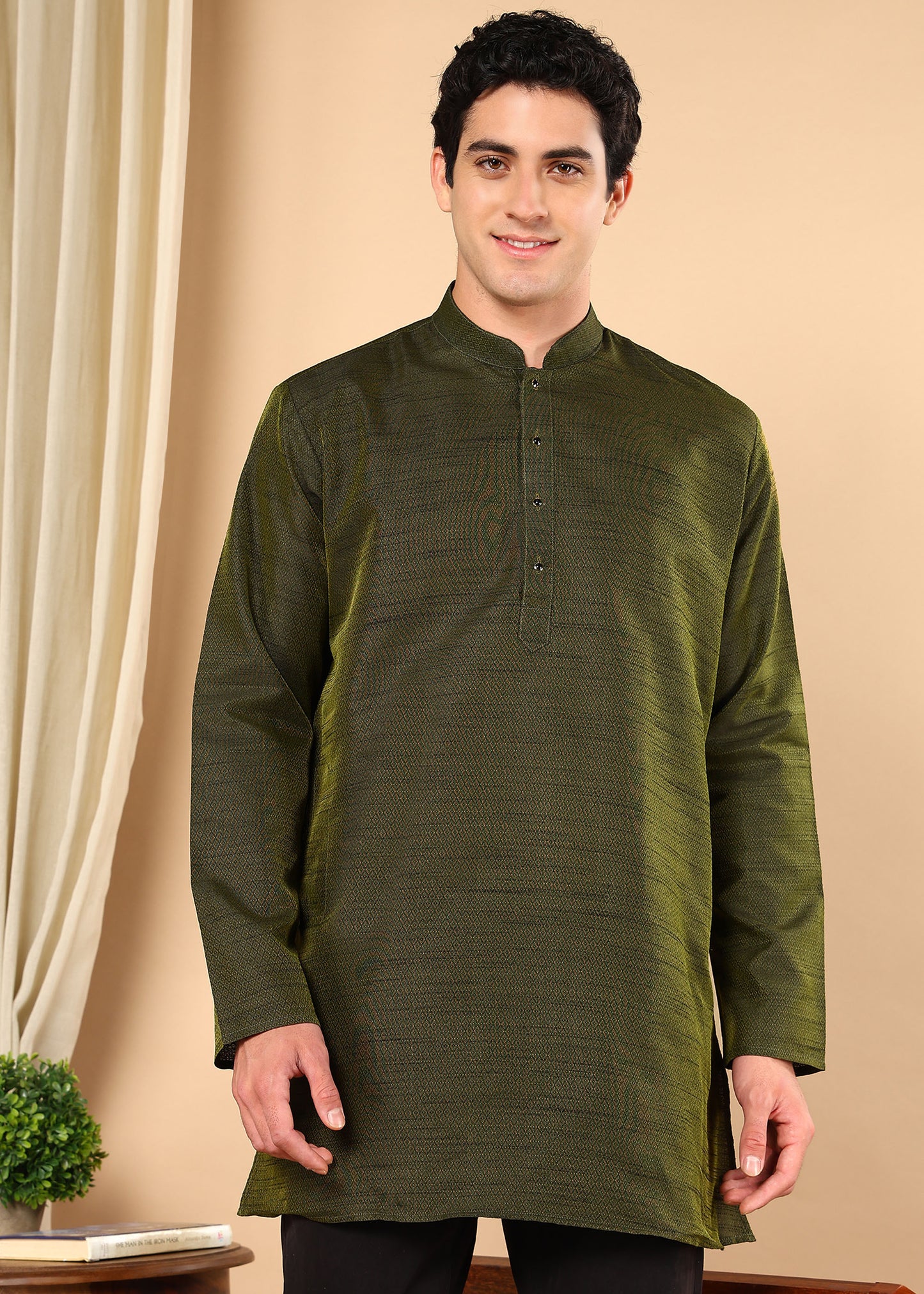 Tattva Men Dark Green Woven Design Kurta