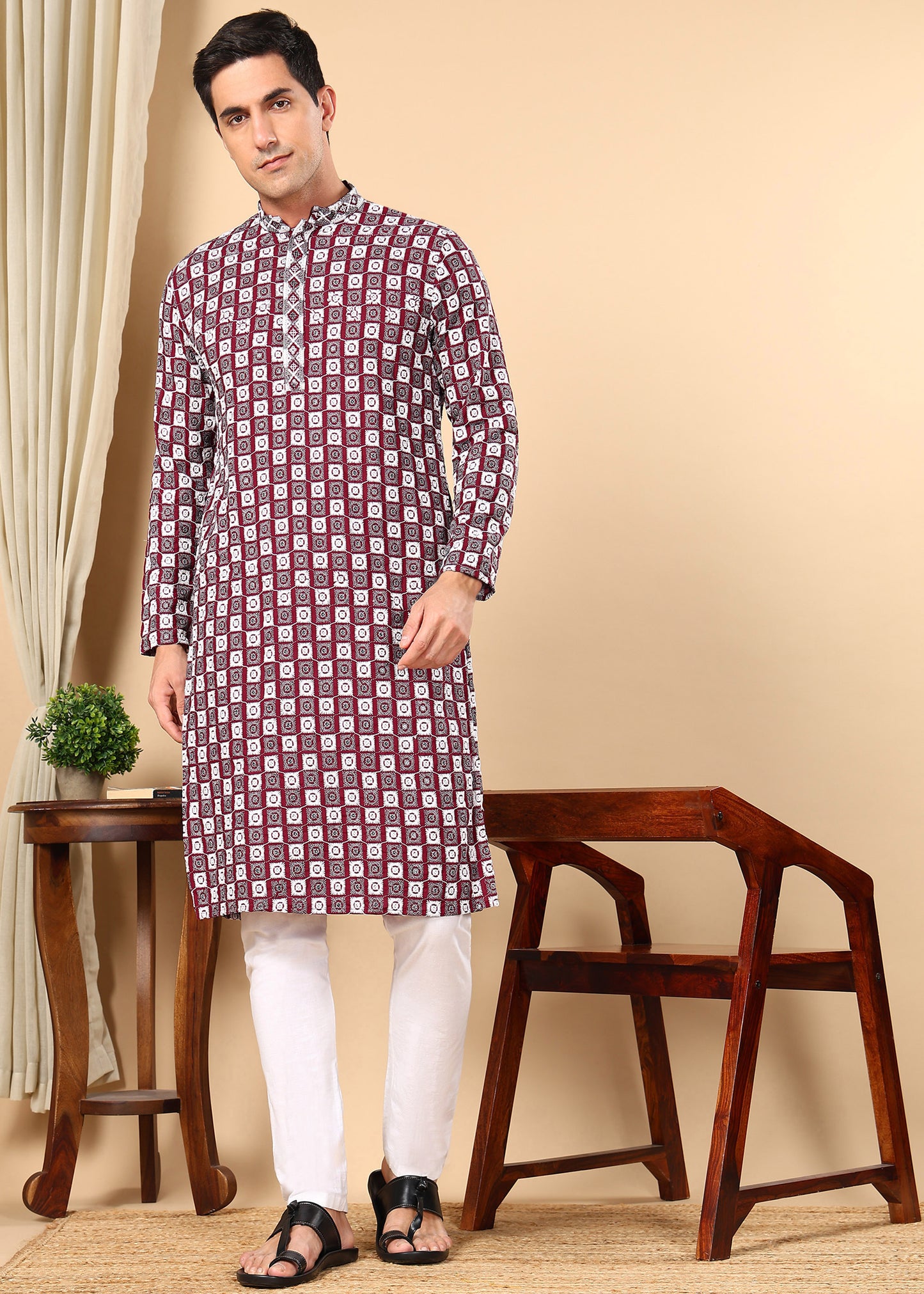 Tattva Men Woven Design Polyester Straight Kurta Set