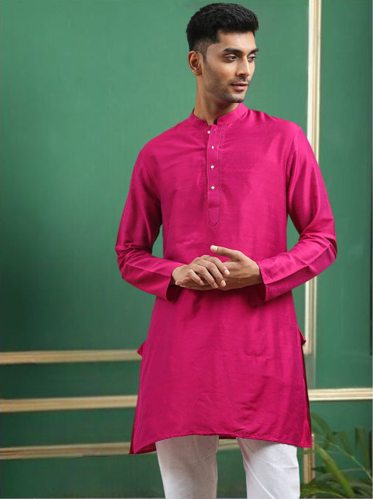 Tattva Fuchsia Toned Embroidered Cotton Short Kurta