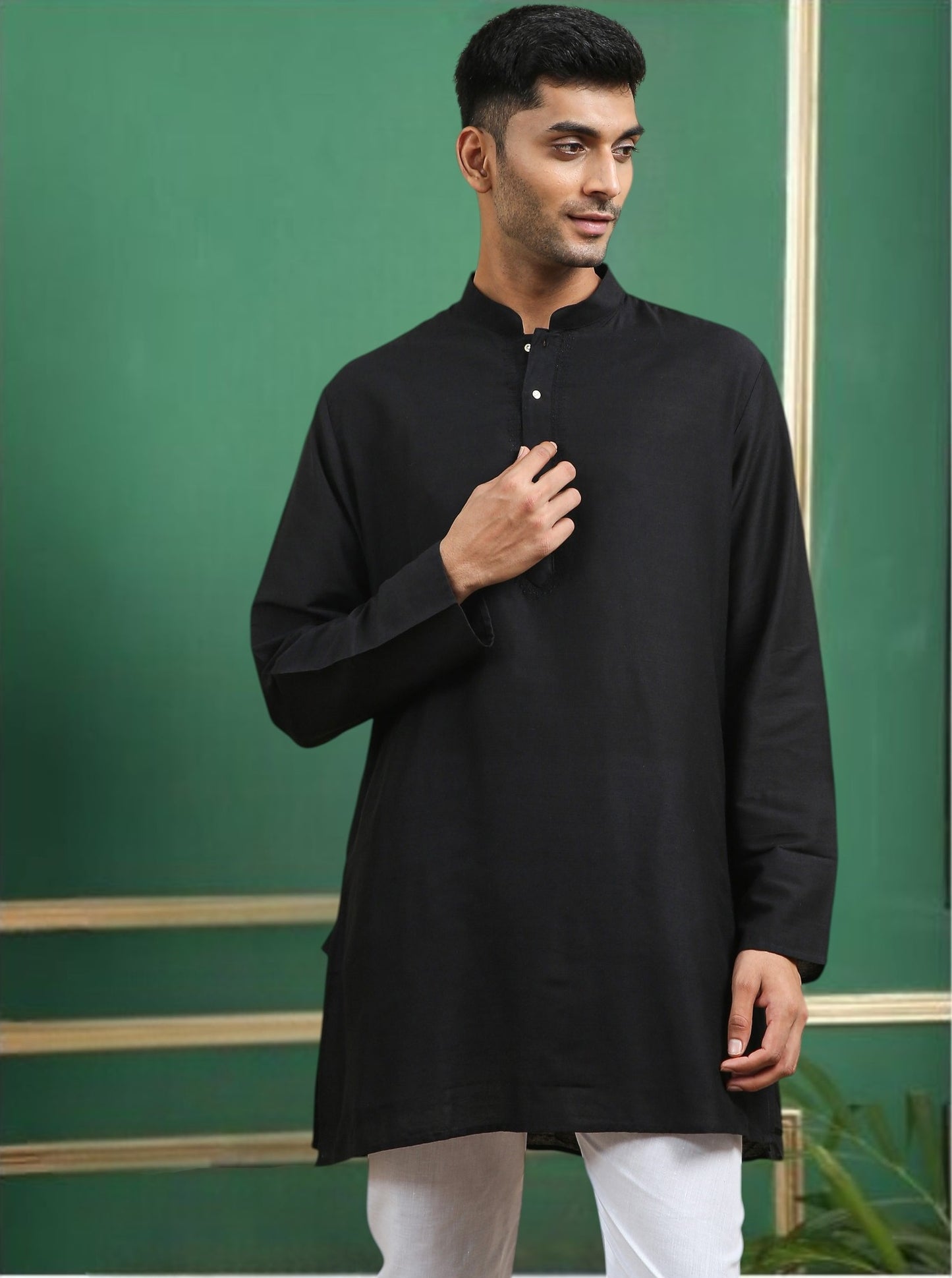 Tattva Black Toned Embroidered Cotton Short Kurta