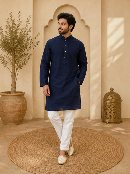 Tattva Navy Blue Toned Embroidered Cotton Short Kurta