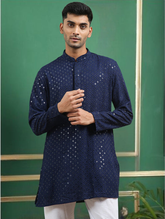 Tattva Dark Blue Toned chikankari Cotton Short Kurta