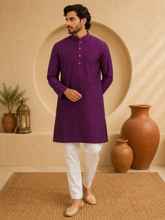 Tattva Men Embroidered Solid Short Kurta
