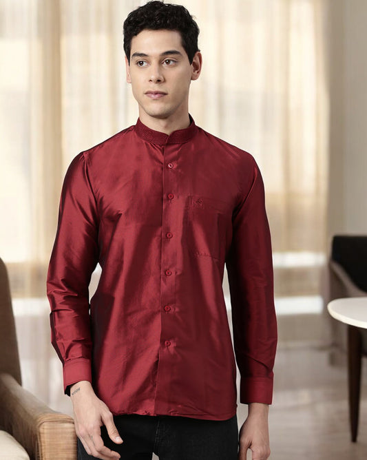 Maroon Color Art Silk Slim Fit Solid Party Shirt