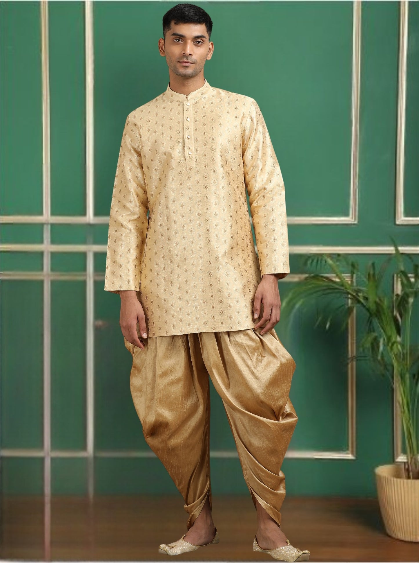 Tattva Beige Toned Jacquard Short Kurta