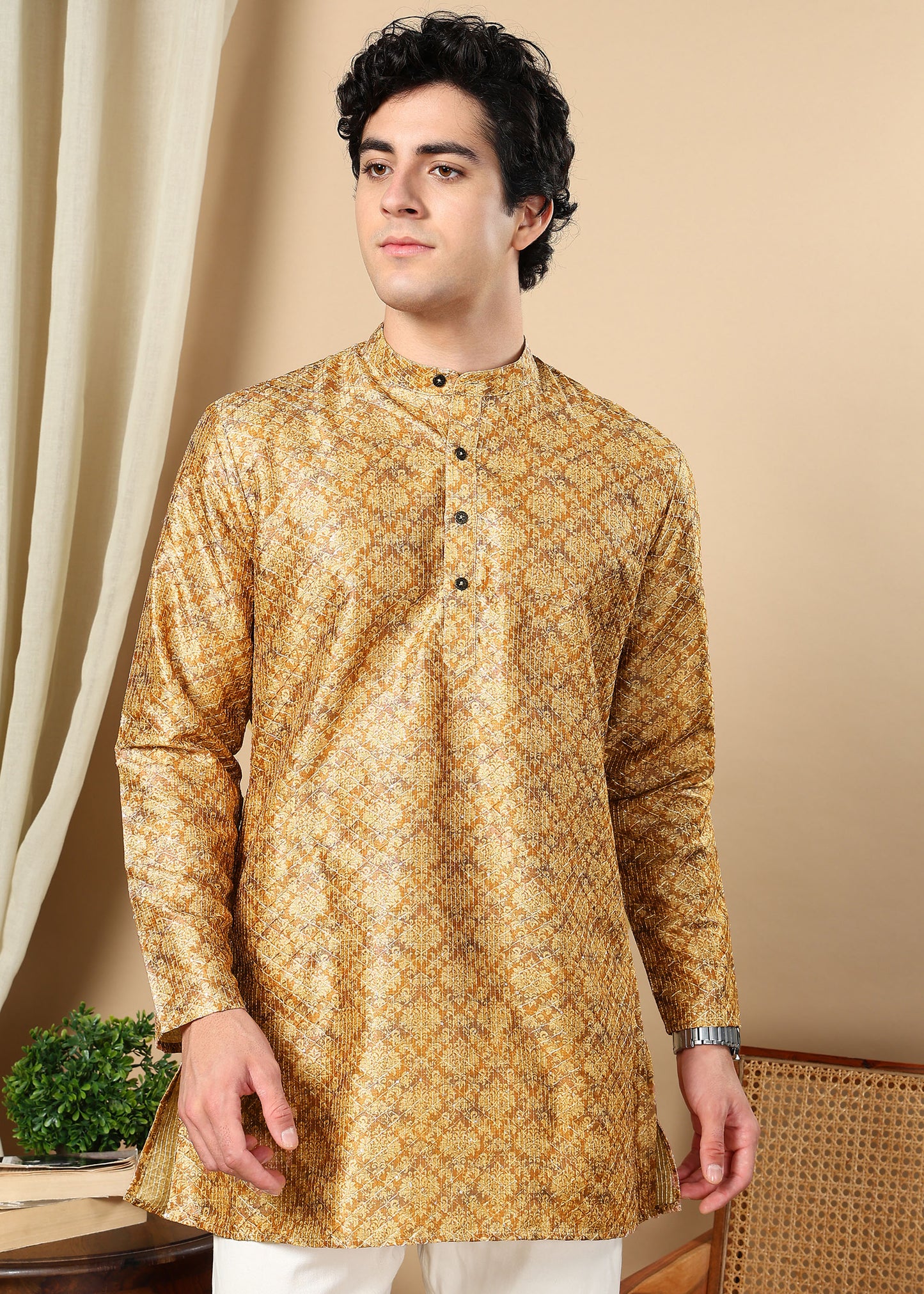 Tattva Brown Printed Short Kurta