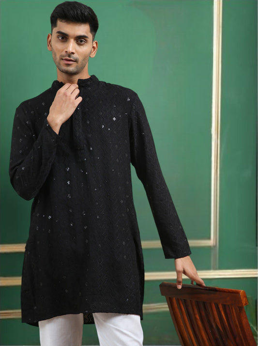 Tattva Black Toned chikankari Cotton Short Kurta