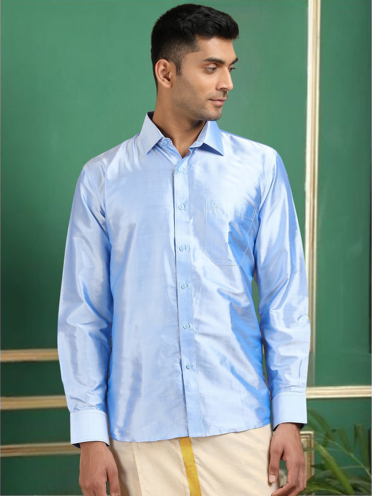 Tattva Men Sky Blue Toned Pure Silk Shirt