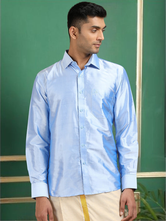 Tattva Men Sky Blue Toned Pure Silk Shirt