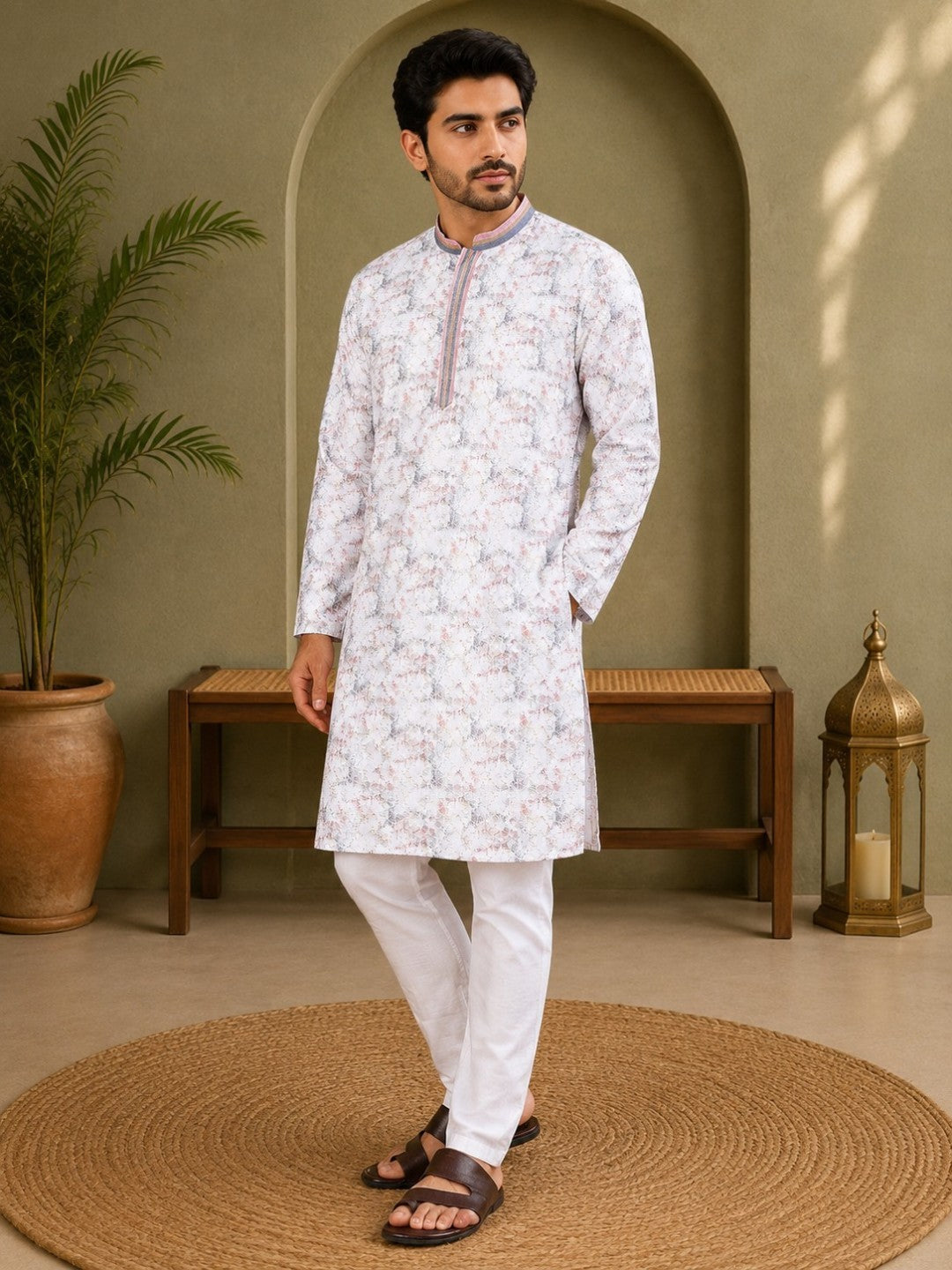 Tattva Men's Embroidered Thread Work Sequined Kurta