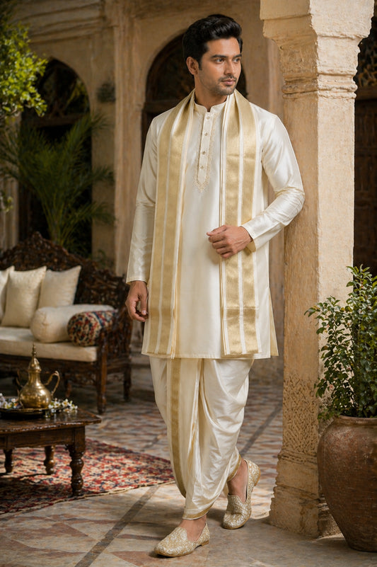 Tattva Men Cream Toned Art Silk Kurta Dhoti Set