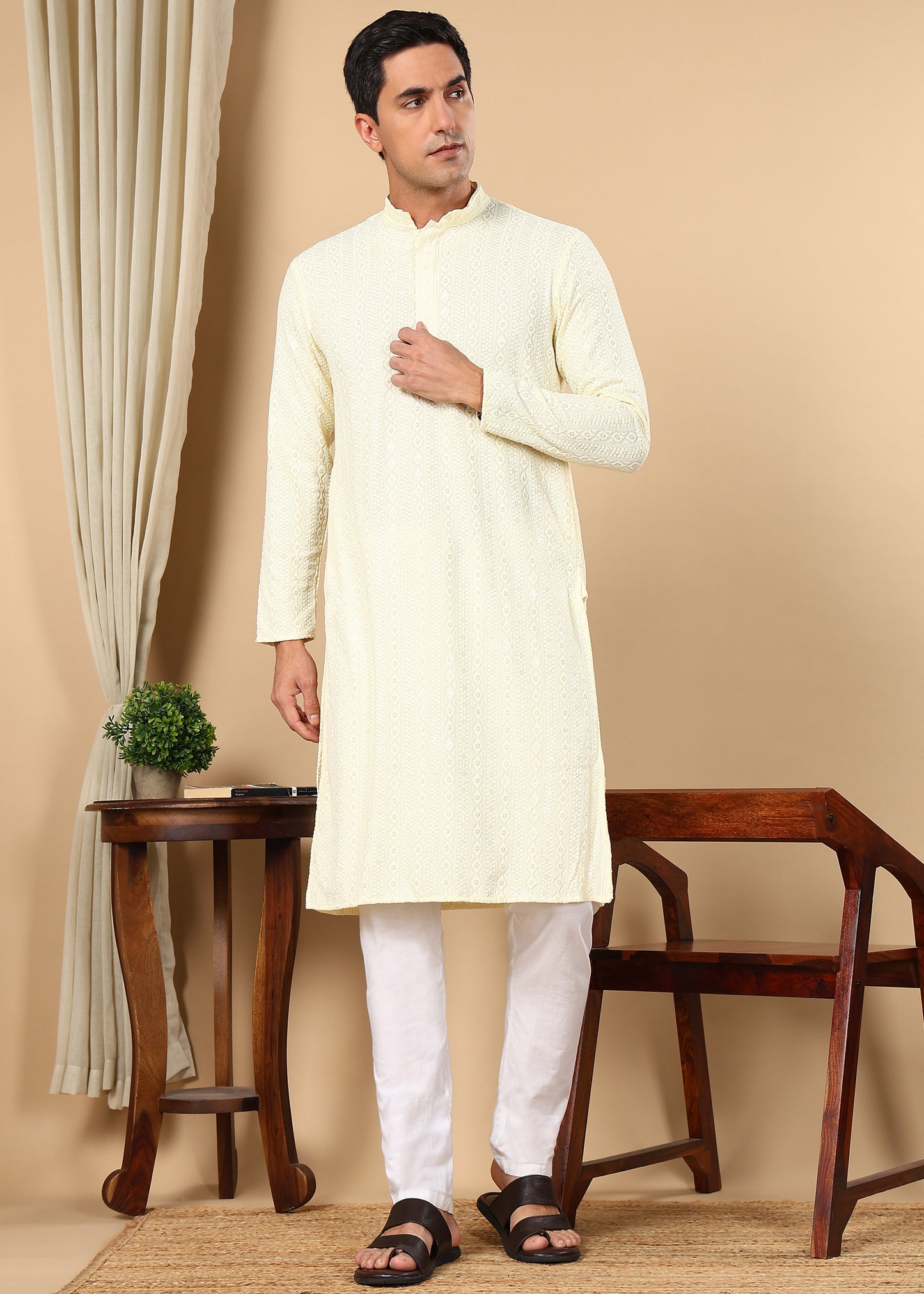 Tattva Men Woven Design Polyester Straight Kurta Set