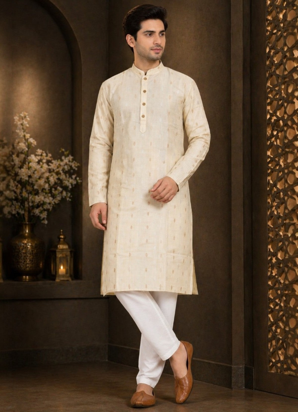 Tattva Men Cream Embroidered Pure Cotton Kurta with Pyjamas