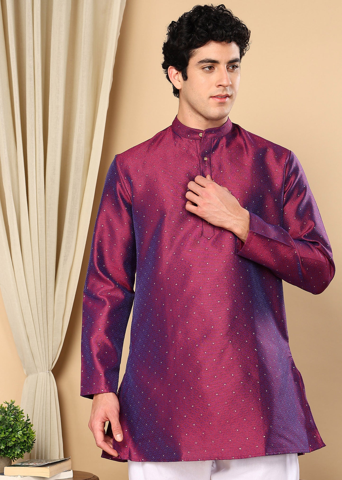 Tattva Geometric Printed Mukaish Work Mandarin Collar Straight Kurta