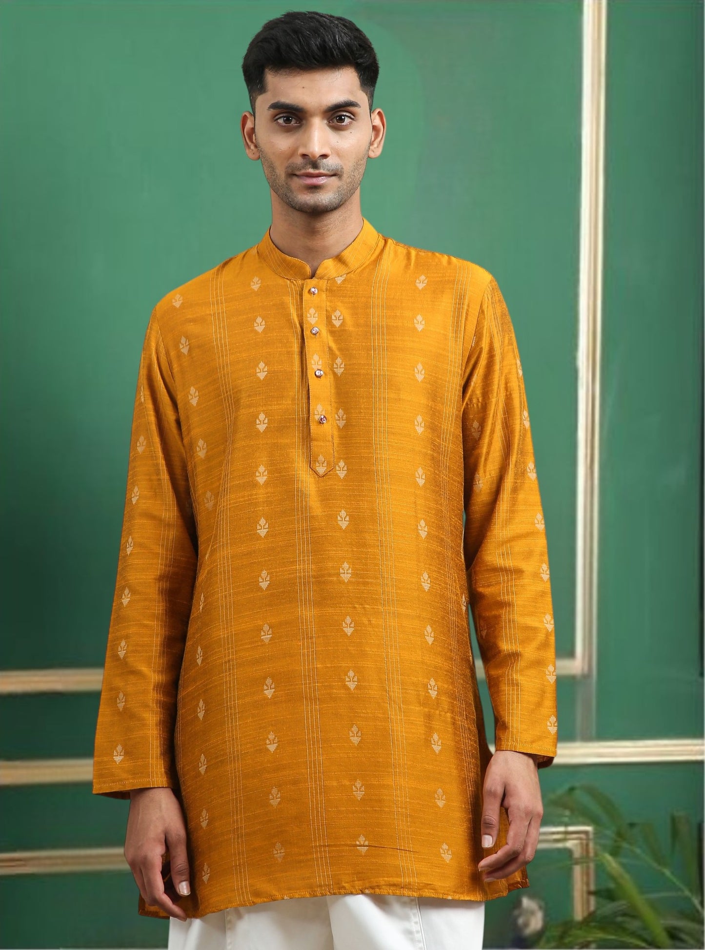 Tattva Yellow Toned Woven Design Cotton Short Kurta