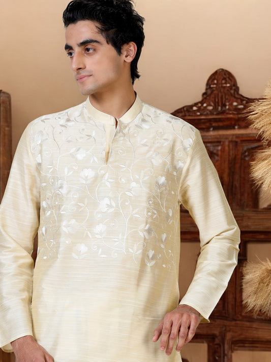 Tattva Men Embroidered Cotton Blend Asymmetric Kurta