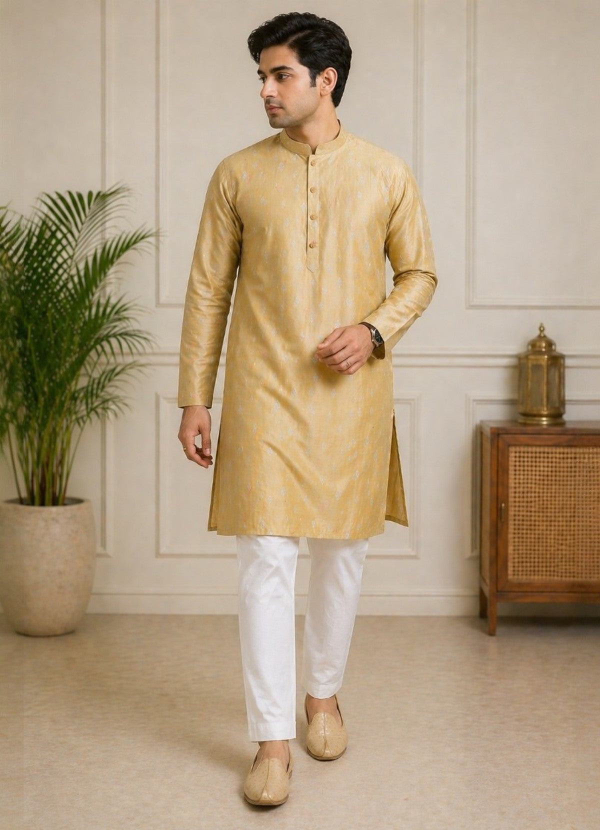 Tattva Men Mustard Gold Embroidered Cotton Silk Kurta with Pyjamas
